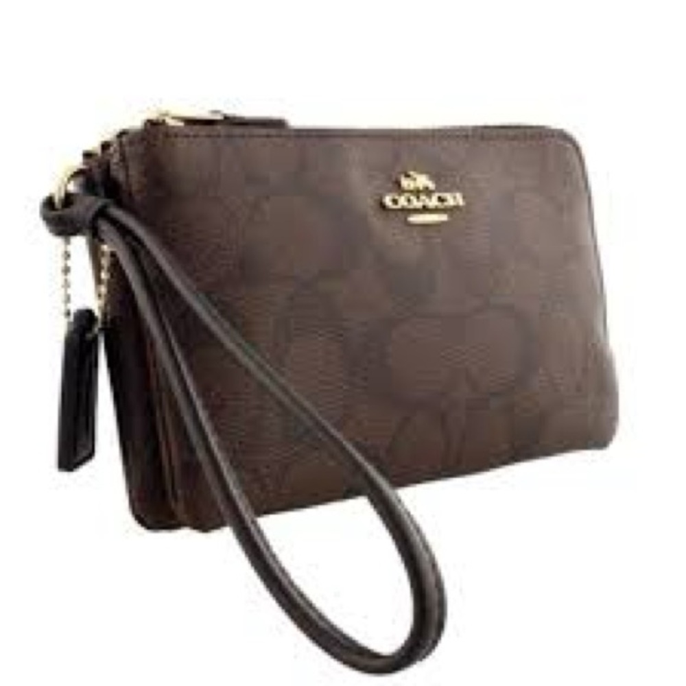 Coach Brown Signature Double Zip Wristlet with Gold-Tone Logo Large New
